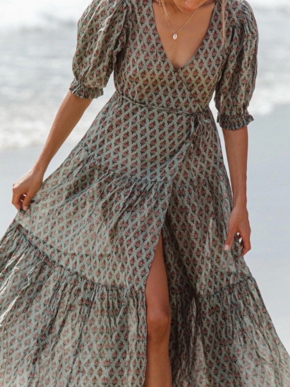 Daughters of India Zuri Wrap Dress in Sage Size Large